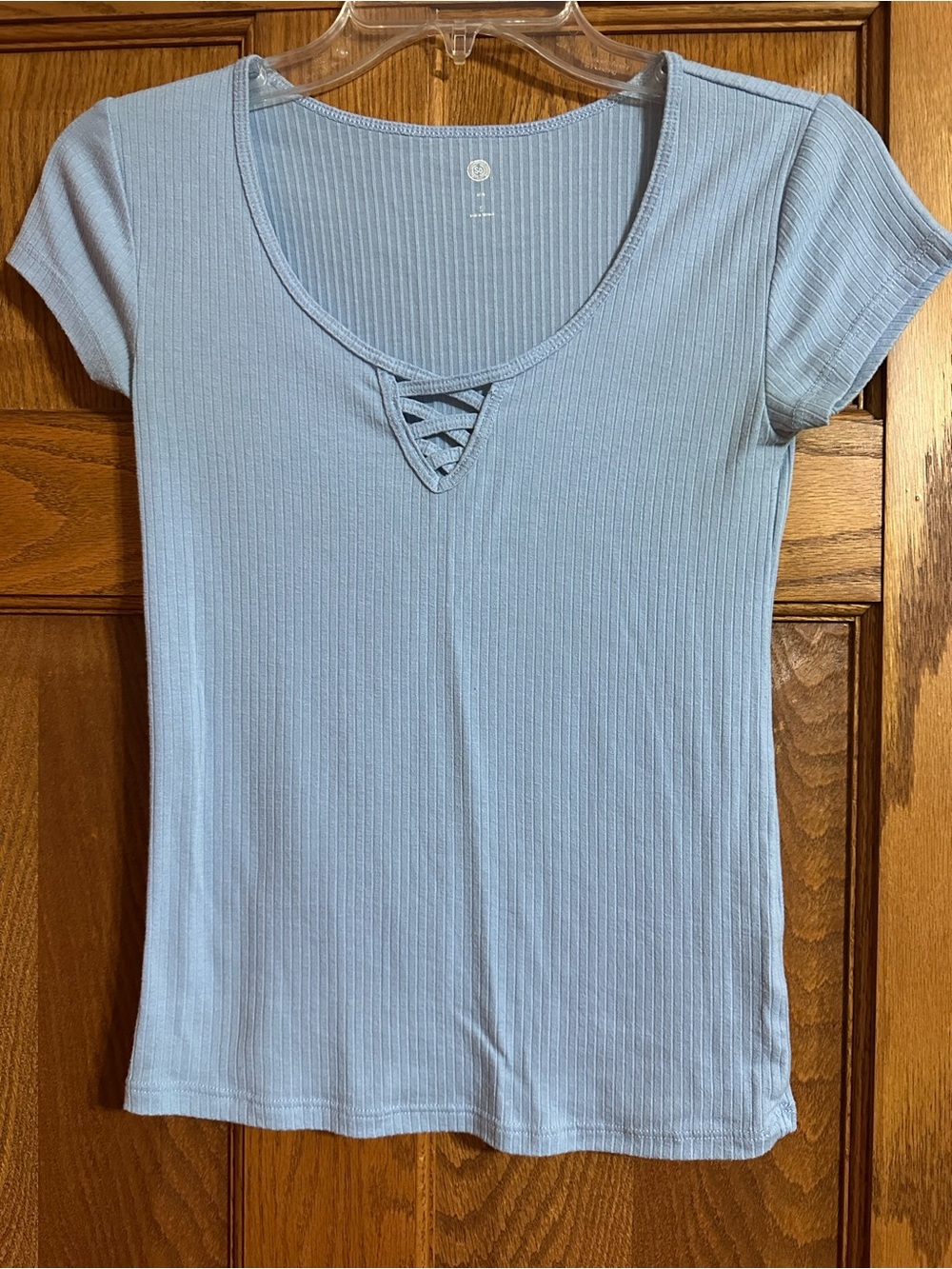 SO Light Blue Ribbed Lace-Up Short Sleeve Top